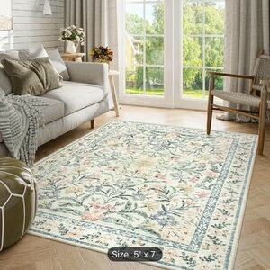 5’x7’ BRAND NEW Floral Pastel Area Rug - Cream Base with Green & Pink Accents